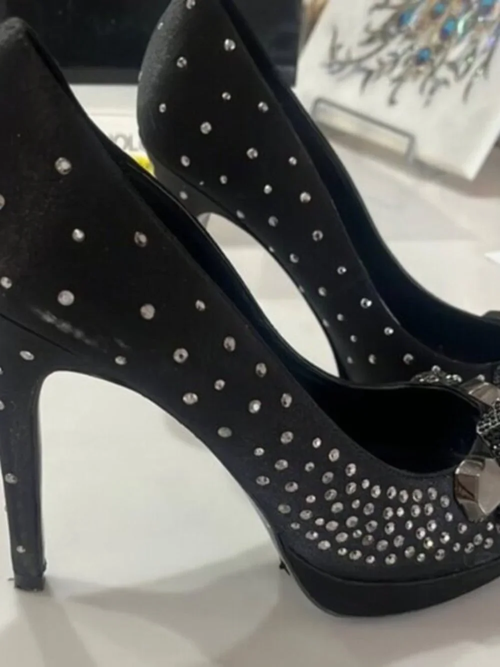 Karen Millen Black Crystal Embellished Peep Toe Heels EU 39 US 8.5